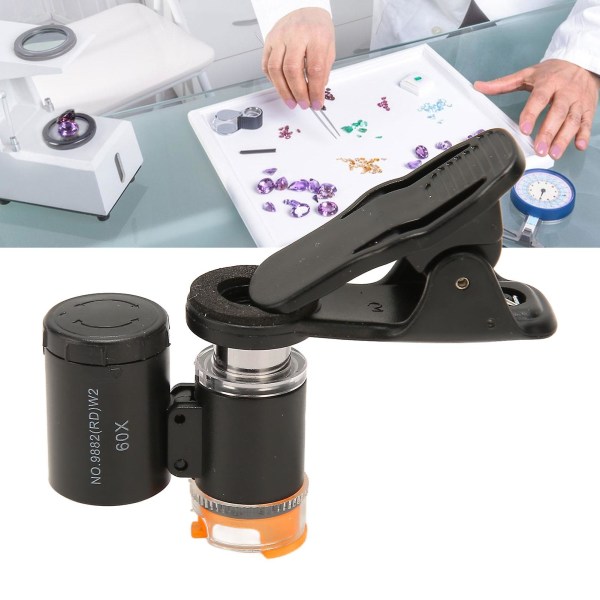 60x Clip On Mikroskop Forstørrelsesglas Linse Med Led Lys Mini Mobiltelefon Mikroskop til Juveler Antikviteter