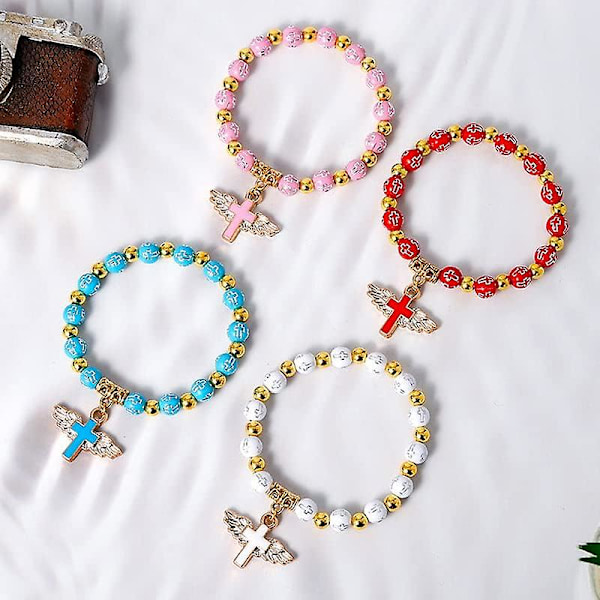 Angel Wing Cross Bracelet, Rosary Bracelet For Women, Catholic Stretch Bead Bracelet Baptism Gift