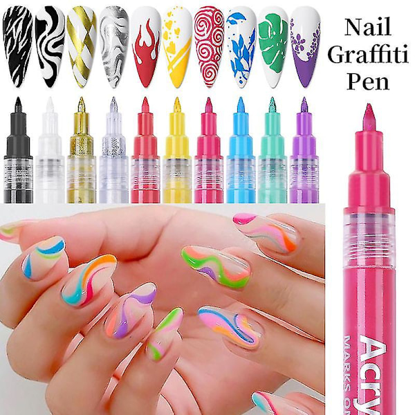 10 Nagelkonstpennor Nagelgraffitipen Vattentät Nagellackspenna (10 Färger)