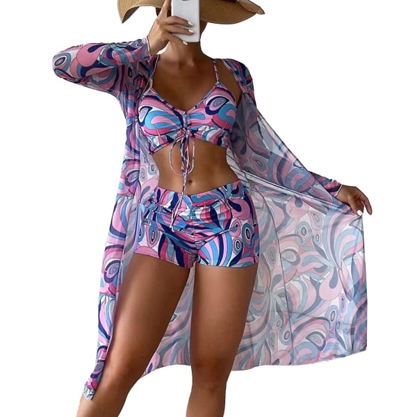 Naisten bikinit, printed 3-osainen uima-asu, korkeavyötäröinen aurinkosuojauimapuku Langattomat rintaliivit mesh Cover Up Rantavaatteet