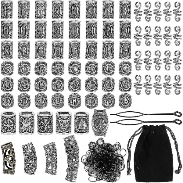 Kryc 80 Rune Perler Sett med 300 gummibånd, Viking Beard Perler, Antikke gjør-det-selv-hår og skjeggperler, Nordic Hair-smykker, Flettet armbånd, anheng N