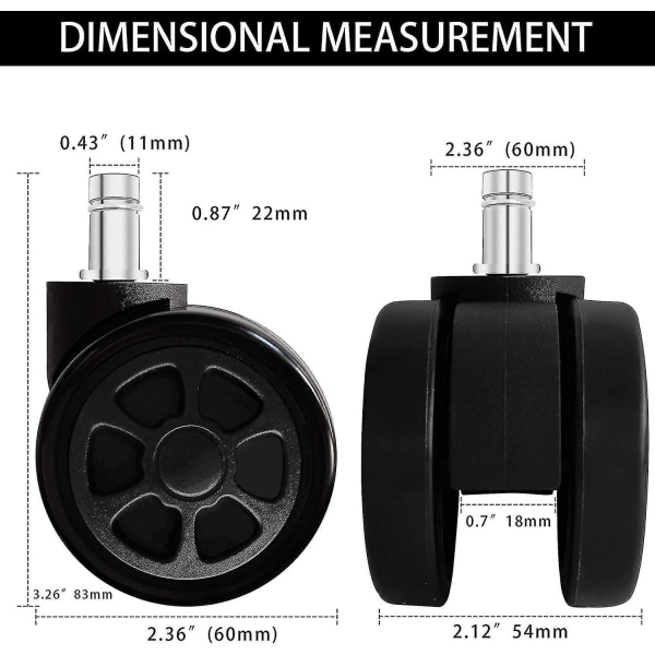 Spillestolhjul, utskiftbare erstatningshjul med anti-fall funksjon og jevn gliding (5 stykker/sett, svart)-yu