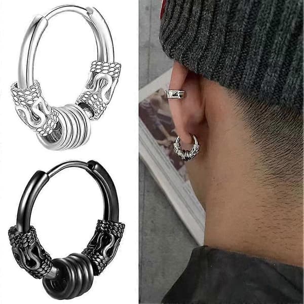 Cool Punk Mænd Rustfrit Stål Hip Hop Ørestikker Rundt Mønster Drage Silver/B