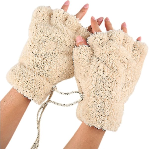 Kvinder Bear Plys Cat Paw Claw Glove Bløde vinterhandsker Fingerløse handsker (beige)-YUHAO