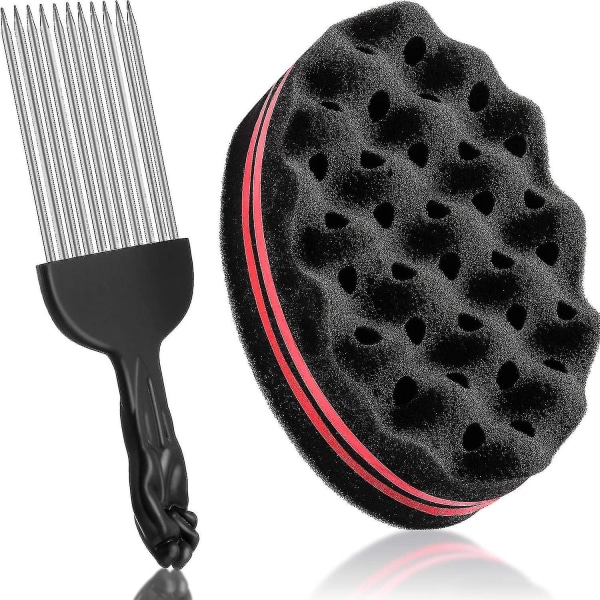2 delar hårsvampborste och afrokam, svart twistsvampborste Twist Wave Barberverktyg och metallhårkamval för hemmafrisörsalong, dreadlocks