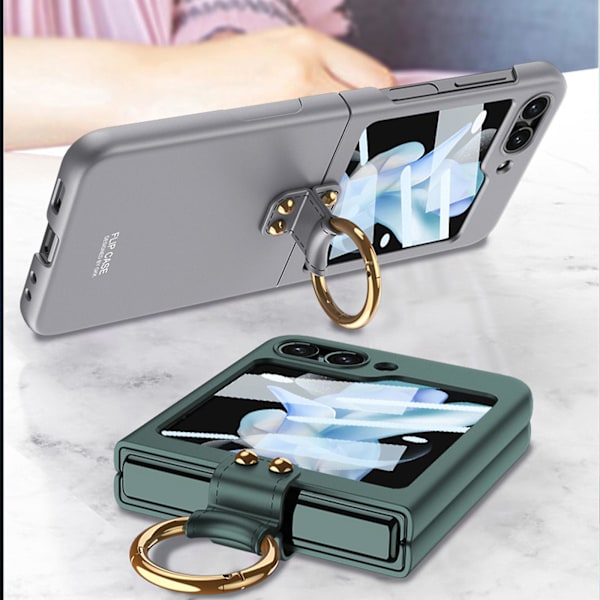 Etui kompatibel med Samsung Galaxy Z Flip 5, Hard PC Slim Cover med Ring Holder & Ytre Skjerm Herdet Film