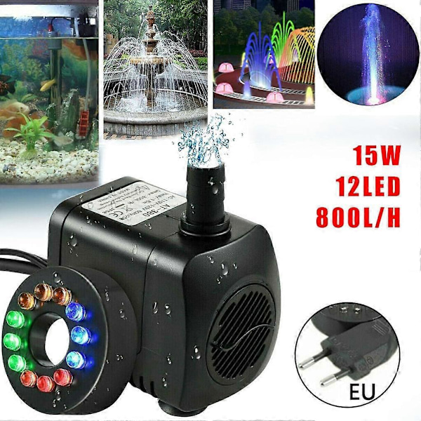PIAO 15W 800l/h fontänpump, dammpump, fontänpump, trädgårdspump, fontänpump med 12 LED-lampor A61