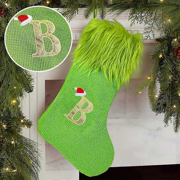 18 tum Monogram Julstrumpor Grön Stickad Tyg med Fuskpäls Hängande Strumpa Grön Älv Julstrumpa Dekor Godisväska Godispåse Hållare F