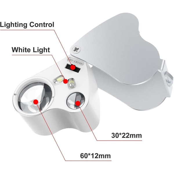 30 X 60 Juvelerloupe, LED-belyst Urmagerforstørrelsesglas 30 X 60 Mm