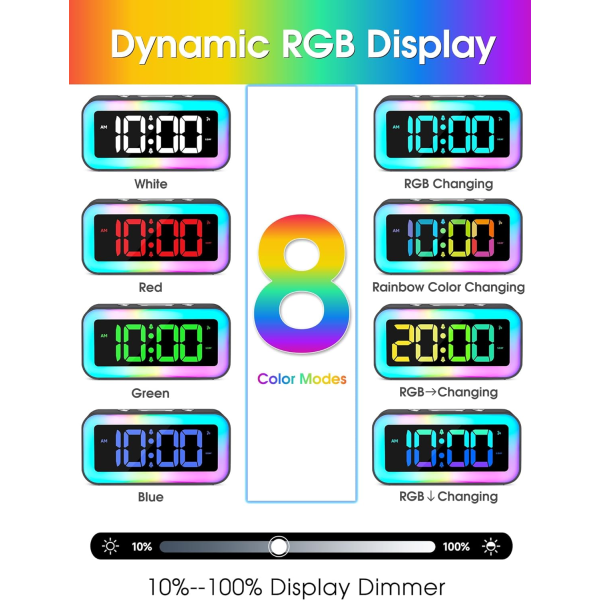 Høyt vekkerklokke for soverommet med fargerikt dynamisk RGB nattlys, tungt sovende voksen, dimmer, USB-lader, liten LED digital klokke for barn