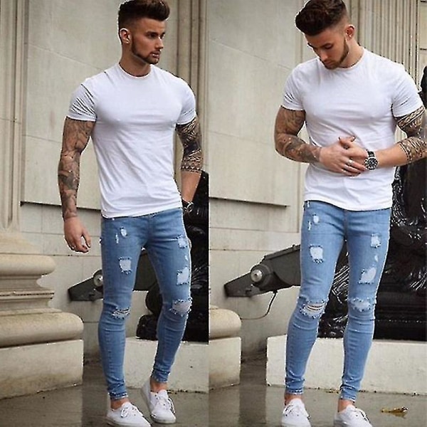 Ripped jeansbyxa för män Super Stretch Skinny Destroyed Slim Fit Jeans Byxor Bottom