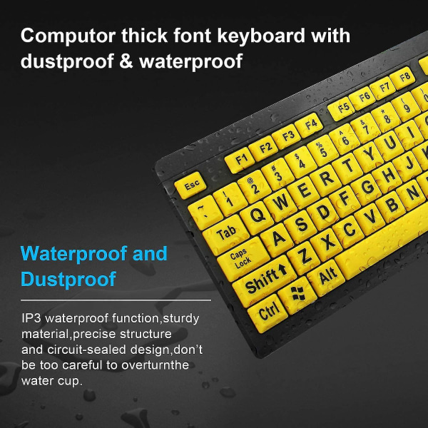 Piao datamaskintastatur med stor skrift, kablet USB-tastatur med høy kontrast med overdimensjonerte trykkbokstaver for synshemmede personer med nedsatt syn (gul