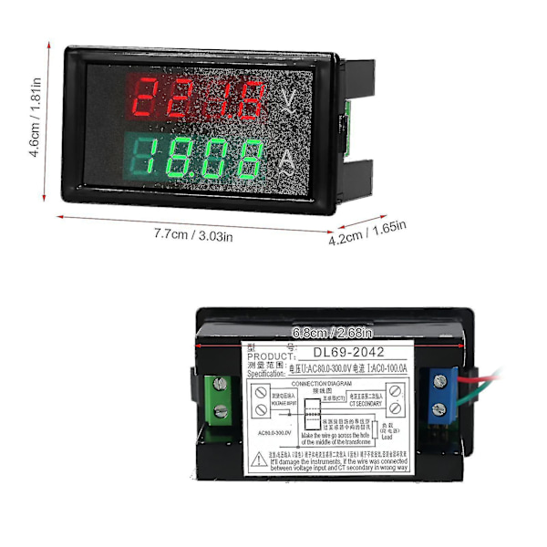AC 80-300V 100A Digital Voltmeter Amperemeter Amperage Testare Mätare Grön Röd LED Amp Dubbel Display AC Panel Ström Mätare Testare Med Strömstransformator