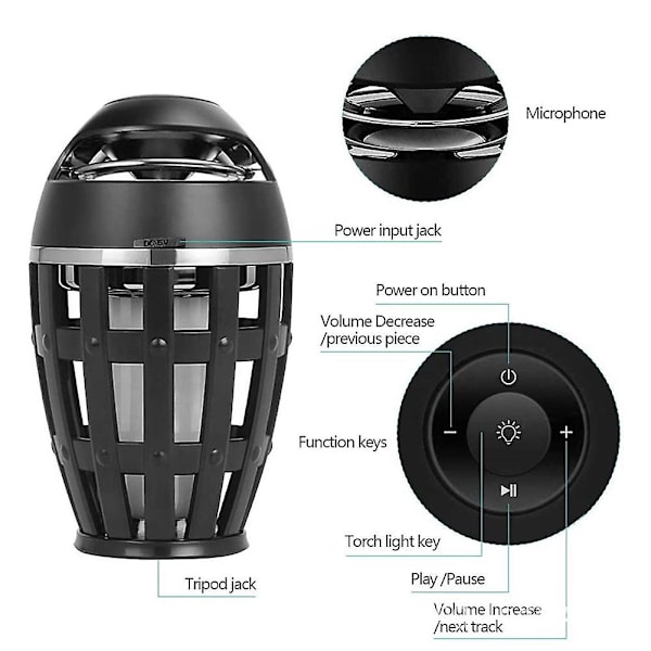 Utomhus Fackla Bluetooth-högtalare med Flame Effect Light, Vattentäta trådlösa högtalare, LED-lykta