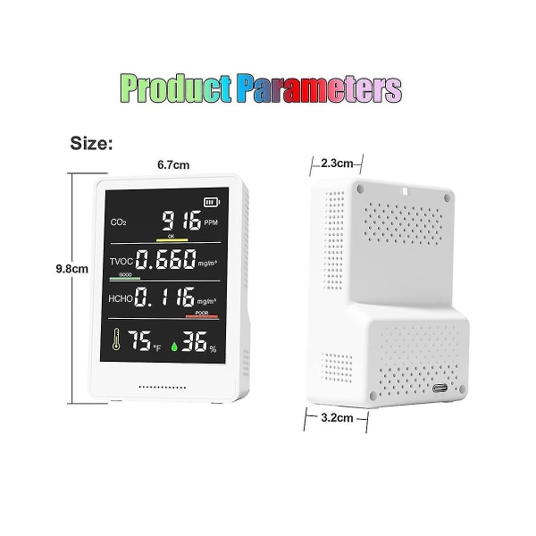 Air Quality Monitor Tester, Bærbar Co2-detektor Co2, Tvoc, Hcho, Fugtighed & Temperatur Partikel C