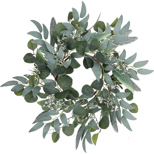 Kunstig grønn eukalyptuskrans, 15 tommer (ca. 38,1 cm) grønn krans med hvite blomster, mini vår-/sommerkrans, for dekorasjon av inngangsdørvinduer