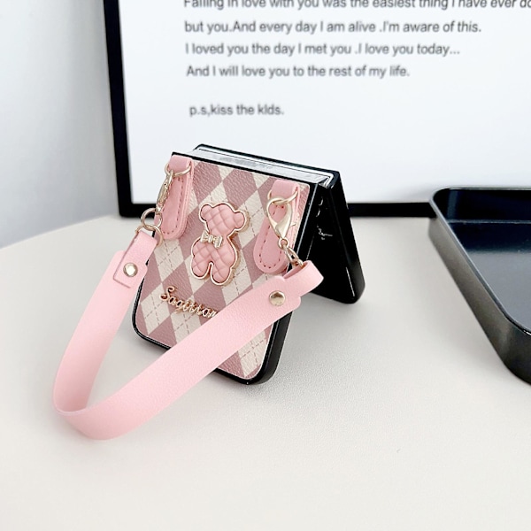 Söt björn Z Flip 5-fodral, Rhombus PU-läder Anti-scratch skyddsfodral för Samsung Galaxy Z Flip 5 med läder handledsrem