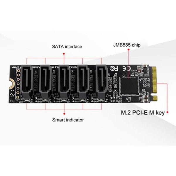 M.2 till NGFF 5 portar SATA3.0 Adapter Card JMB585 M.2 Key M SATA3.0 expansionskort för PC Laptop Suppl.