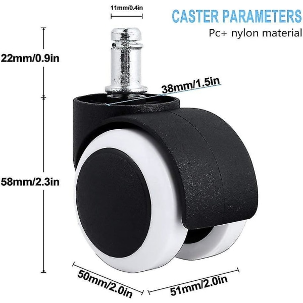 Kontorstolhjul (5 stk), Stille Hjul for Hardt Gulv Svingstolhjul 11 mm / 50 mm Hjulsett for Kontorstol Hjul