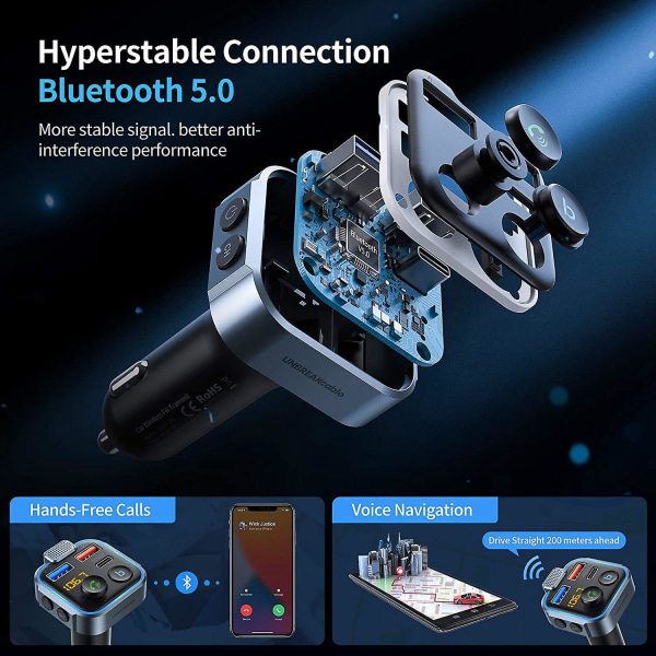Bil Bluetooth 5.0 Fm-sender, Bil Mp3-afspiller Radiomusikadapter Oplader, Understøtter håndfri