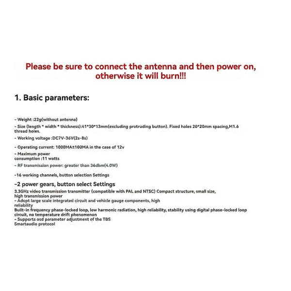 3.3G 4W VTX 16CH FPV Audio Video Sender PAL/NTSC Support OSD Parameterjustering til FPV Lang