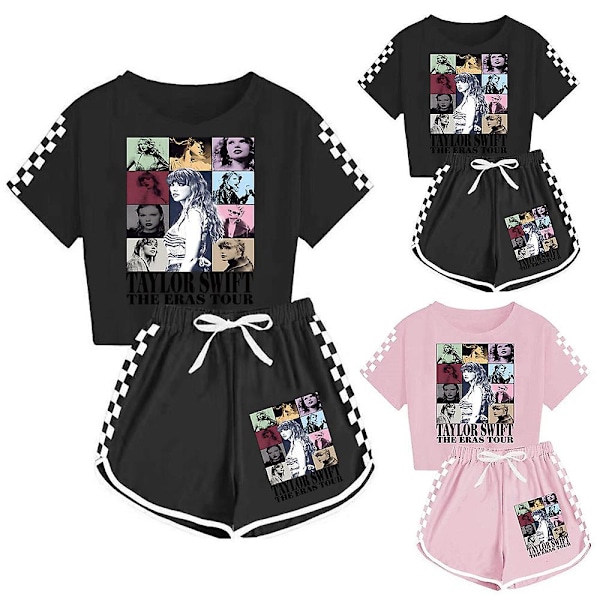 7-14 år gamla flickors Taylor Swift avslappnade T-shirt toppar shorts set pyjamas hem kläder sportkläder kostymer kläder black 120cm