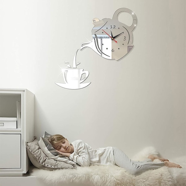 Moderne te-kedel vægur, gør-det-selv-spejlet kaffekop-dekoration (uden batterier) - let at læse