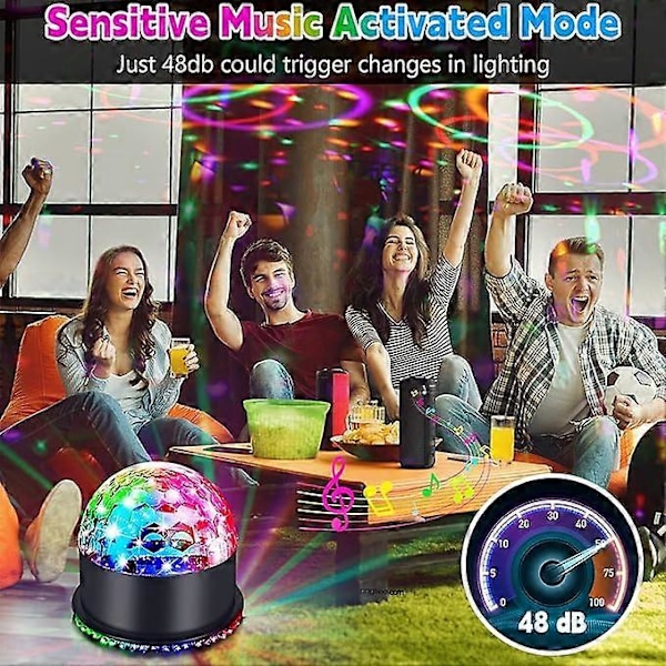 Diskokugle, 48 LED-lys, 7 RGB-farver, diskokugle, 360 graders rotation, diskolys, musikstyret og automatisk tilstand, scenebelysning, dekoration til ho
