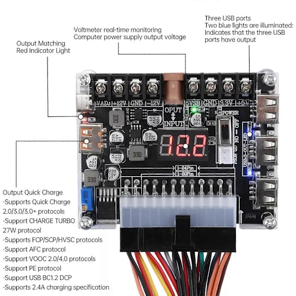 Säädettävä jännitteen virtalähdemoduuli 20/24 PIN ATX -sovitin Breakout-kortti js