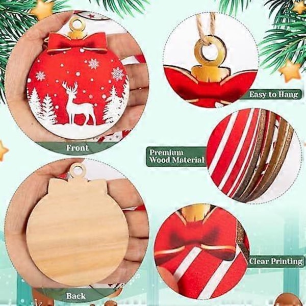 24 st Röda och Vita Julkulsdesign Hängande Träprydnader Set - Festliga Julgransdekorationer med God Jul, Snöflingor, Renar