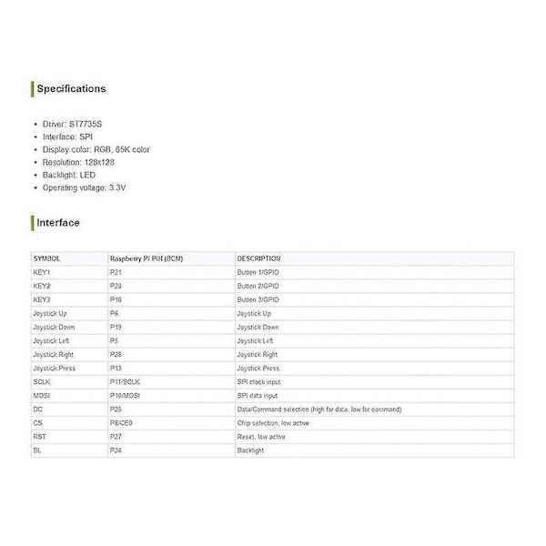 1.44 Tommer LCD Display HAT til 2B/3B/3B+/Zero/Zero W 128X128 Pixels SPI Interface LED Baggrundsbelysning 3.3V