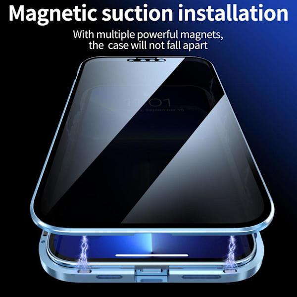 Personvern magnetisk metallstøtfanger anti-kikkskap kompatibel med Iphone 15 Pro, dobbeltsidig herdet glassdeksel