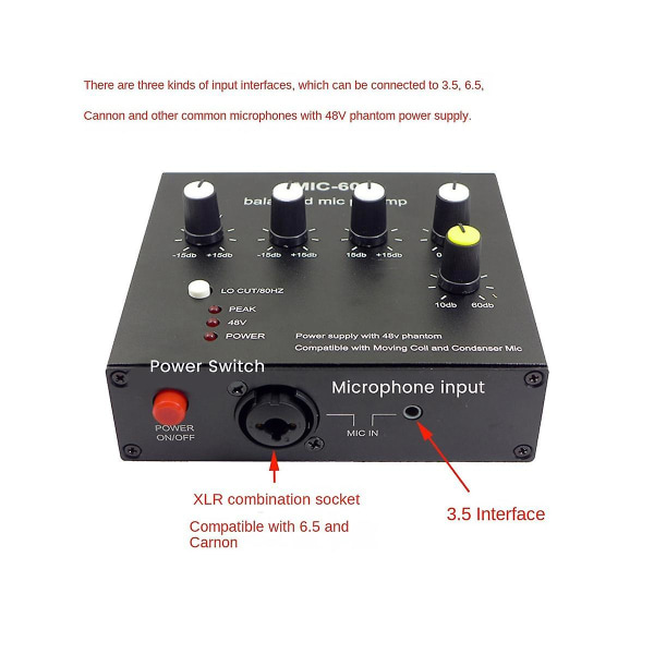 Tasapainotettu dynaaminen mikrofoni kondensaattorimikrofoni vahvistin musiikin äänivahvistin Mic-60, 48v ph