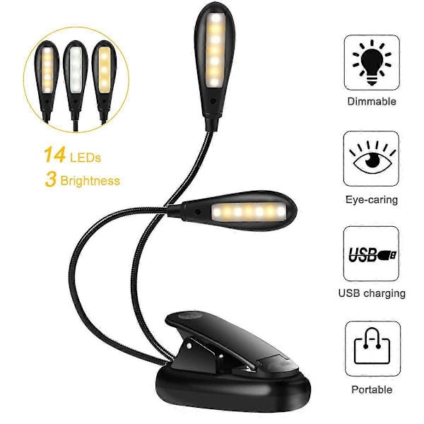 Lukuvalo, 14 LED USB-ladattava ja silmienhoito-kirjanvalo, joustava klipsi-lukulaite