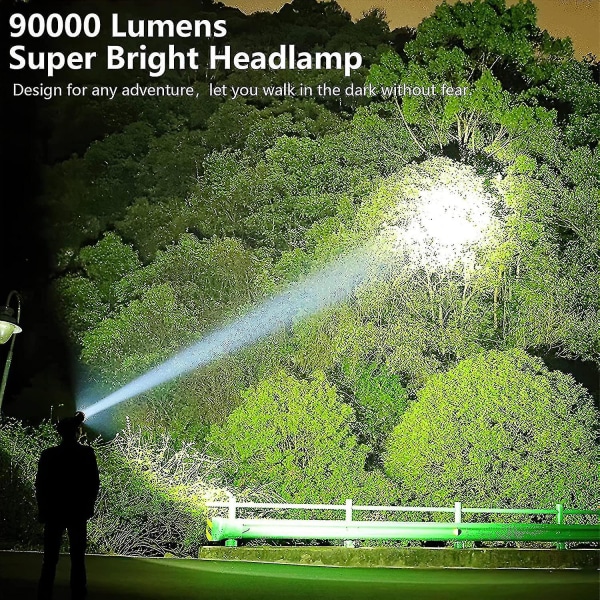 Genopladelige LED-forlygter til voksne, 90.000 lumen Super lys forlygte lommelygte 90 justerbar 4 tilstande Ipx5 vandtæt usb genopladelig hovedlampe Fo