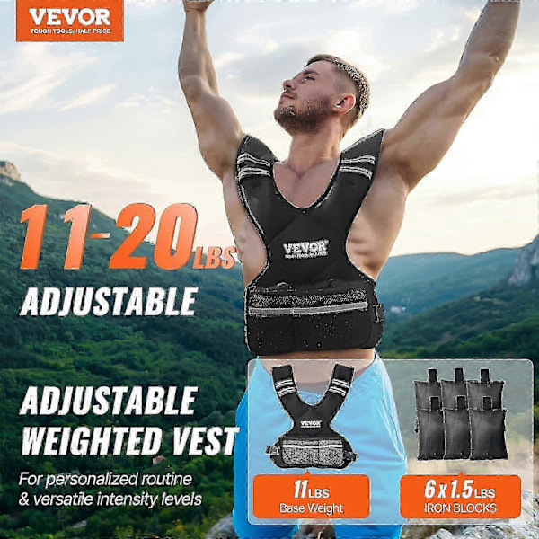 Justerbar vektvest, 5-9 kg vektvest med 6 jernsandvekter og refleksstripe, for styrketrening, løping og jogging