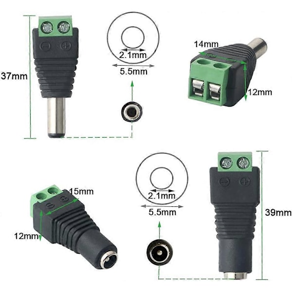 24 stk Professionelle DC-stik, Tønde 12V DC Strøm Jack Stik Adapter, 12 Par 2-polet Han-stik & Hun-stik Sæt, til CCTV Kamera LED-strimler