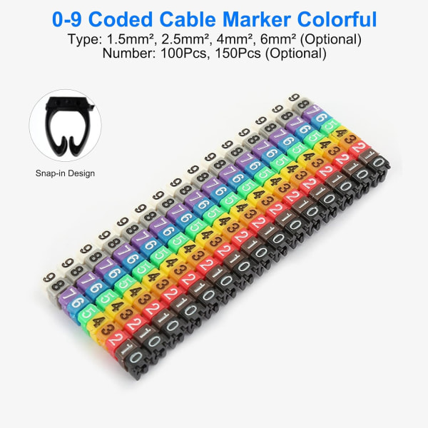 Numeriska rörledningar 0-9 Numeriska kodningsklämma på plastkabeletikettrör Färgade kabelmarkörer C-form Passar kablar av multi typer (100 st 2,5 mm²)