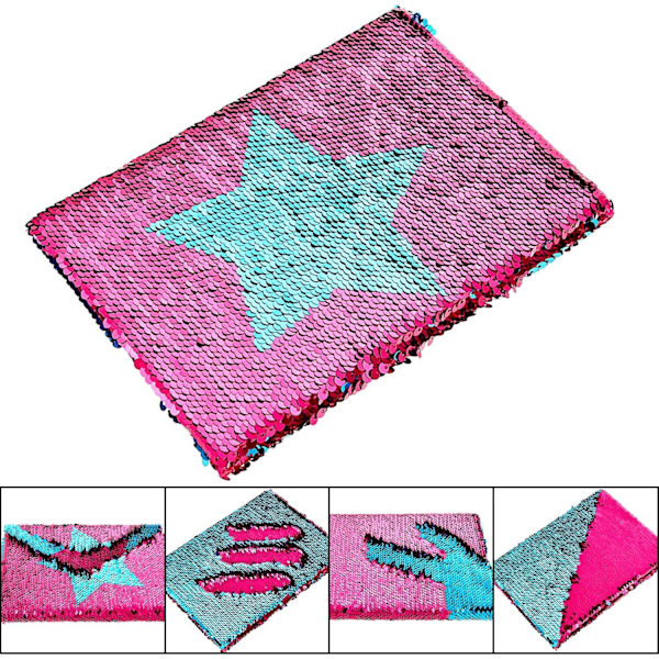 Vendbar Sequins Notesbog Dobbeltsidet Flip Sequins Notesbog Journal med Stjerne Mønster, Blå og Pink