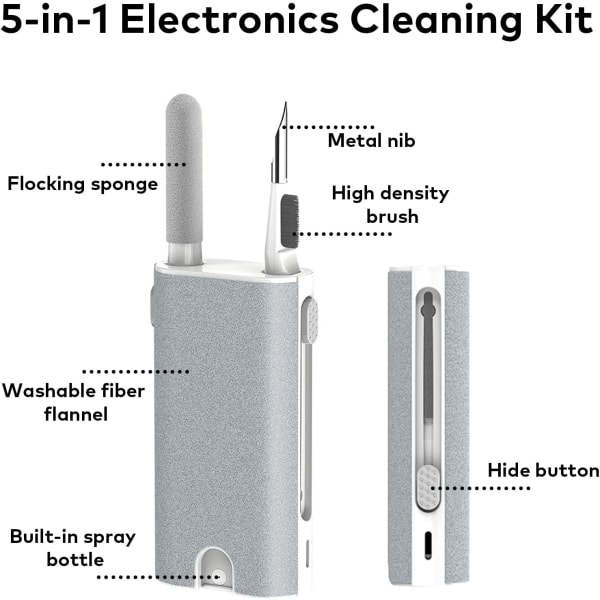 5-i-1 elektronisk rensesett - Bærbart rengjøringssett for Airpods/øreplugger/telefon/kamera/klokke/bærbar datamaskin, med rengjøringspenn og sprayflaske, multifunksjonell