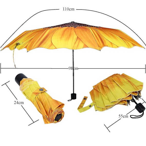 Vindstærk Rejseparasol - Kompakt Foldbar Bærbar Parasol Med Solsikke Mønster - Golfparasol Til Regn Sol Mænd Og Kvinder Udendørs, Bryllup