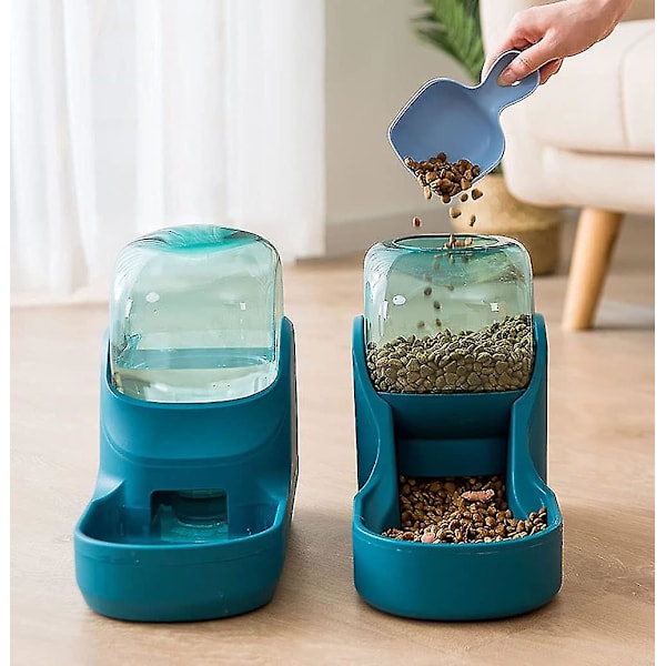 Foder- og Vanddispenser, Vand (3,8 L) og Foder (1,5 kg) Dispenser til Hunde og Katte, Plastik, Pet Vanddispenser, Pet Skål (Foder Feeder, Peacock Bl