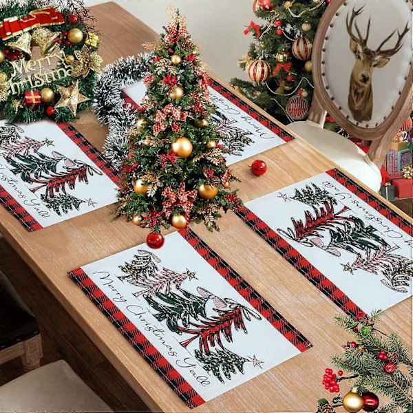 Sæt med 4 jule dækkeservietter 30 x 45 cm ternet juletræstema Glædelig jul, dækkeservietter til julefrokost køkken spisestue dekoration