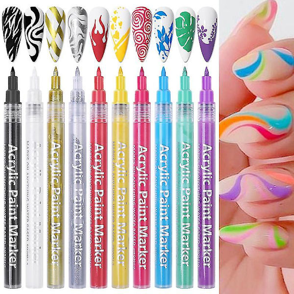 10 Nagelkonstpennor Nagelgraffitipen Vattentät Nagellackspenna (10 Färger)