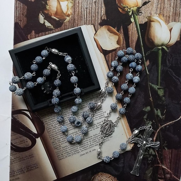 Vintage radband katolska bön vittrad agat pärlor Kristus Jesus kors halsband