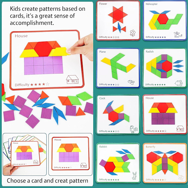 155 stk. Tretreblokker, Tretreblokker Geometriske Former Blokker med Kort Tangram Puslespill for Barn i Alderen 4-8 Tidlig Utdanning Leker