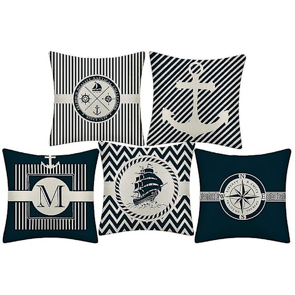 Färgglada Havstema Segelfartyg Ankar Design Kuddar Linne Bomull Kast Kuddfodral Mjukt Sängkläder Kuddfodral För Soffa 45 X 45 Cm, 5 Stycken