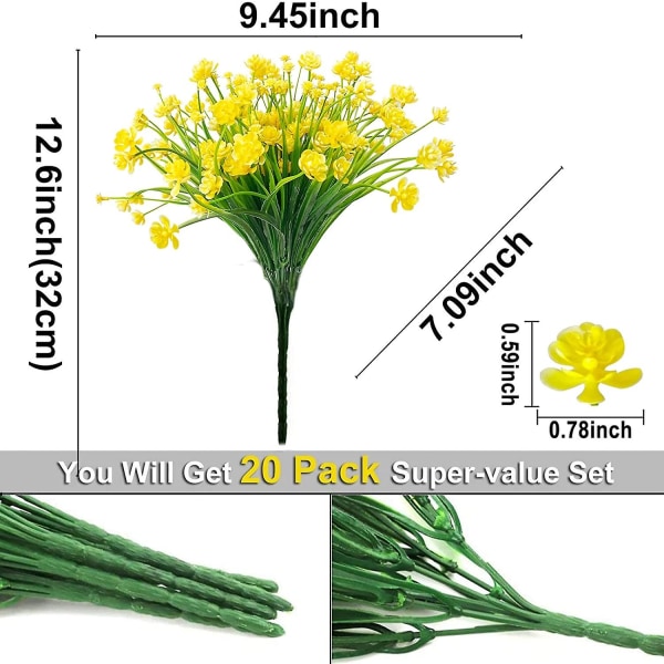 20 stk Kunstige Blomster til Utendørs Dekorasjon Utendørs Plast Grønt Fake Blomster Planter Hjem Hage Dekor (gul)