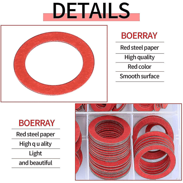 600 kpl:n kuitualuslevyn lajitelmasarja 12 kokoa, punainen teräspaperikuituinen aluslevysarja, litteä rengastiiviste (takautuva)-YUHAO