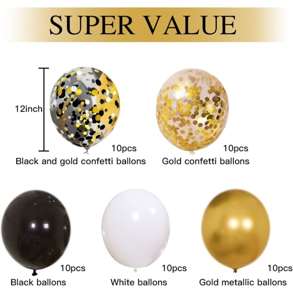Mustakultaiset konfettiilmapallot, 50 - 12 tuuman kultapakkaus Valkoiset ja mustat konfettiilmapallot nauhalla valmistumispäivän hääjuhlien koristeluun